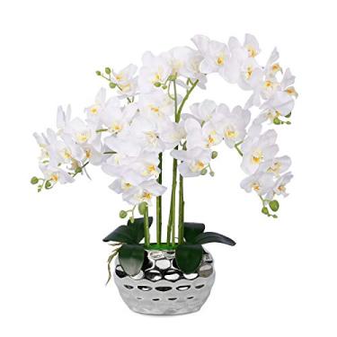 Imagem de Planta artificial realista de orquídea branca com vaso de cerâmica - Flor de seda realista Phalaenopsis para decoração de mesa, quarto, banheiro, sala de estar - decoração de casa interna