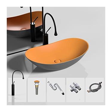 Imagem de Pia de banheiro pia oval para vaso sanitário pia de vaso de banheiro de cerâmica, 51 cm x 30 cm "Acima da pia de porcelana com torneira preta e combinação de ralo pop-up, pia de vaso de corpo fosco