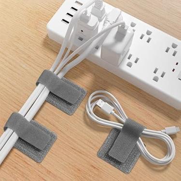 Imagem de Correias de gerenciamento de cabos, abraçadeiras reutilizáveis para organização de mesa, para cabos de computador, home theater e cabos de dados (cinza)