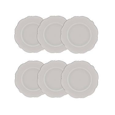Imagem de Cj 6 Pratos para Sobremesa de Porcelana Branca Maldivas C/Filete Prata 21cm Wolff