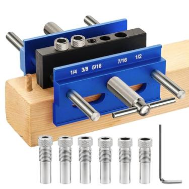 Imagem de Kit de gabarito de cavilha autocentralizante, gabarito de broca para furos retos, conjunto de marceneiro de biscoito com 6 buchas de guia de broca, guia de perfuração de largura ajustável, gabaritos