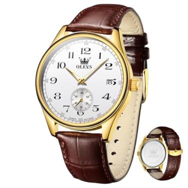 Imagem de OLEVS Relógios masculinos com pulseira de couro, vintage, clássico, fácil leitor, algarismos arábicos, quartzo, à prova d'água, data e dia, azul/preto/branco, mostrador grande, relógios de pulso