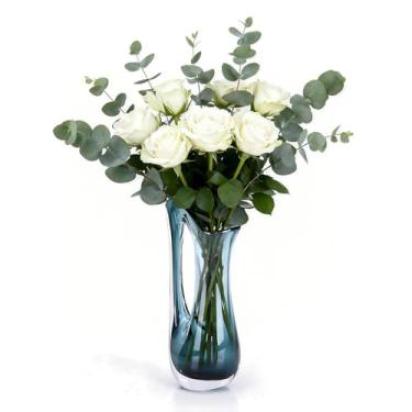 Imagem de Vaso de vidro soprado de 32 cm H para flor, vaso decorativo abstrato de vidro, peça central ombré, para sala de estar, mesa de jantar, grama dos pampas, flores secas, flores e botões (azul)