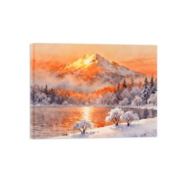 Imagem de BMZFYBS Tela de paisagem de arte de parede - Golden Mountain Tree Lake - Impressão de pintura de decoração moderna para sala de estar pronta para pendurar tela embrulhada 50 x 65 cm 20 x 26 pol