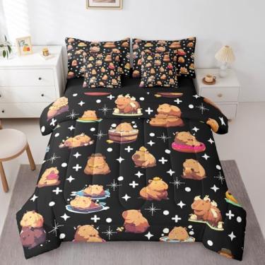 Imagem de Erosebridal Jogo de cama casal para amantes de capivara, estampa kawaii, cama em uma bolsa, vida selvagem marrom (edredom + lençol de cima + 2 fronhas + 2 capas de travesseiro) 7 peças