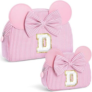 Imagem de QLOVEA Presentes de Natal para netos, bolsa de cosméticos inicial, bolsa de maquiagem de viagem, presentes de aniversário personalizados para crianças, rosa