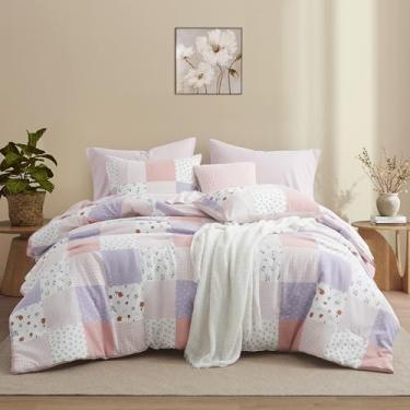 Imagem de Oli Anderson Conjunto de edredom solteiro, 7 peças de edredom floral rosa enevoado, cama reversível de patchwork em uma bolsa com edredom, lençóis, fronhas e fronhas (rosa misty, solteiro)