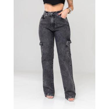 Imagem de Calça Wide Leg Cargo Feminina  Jeans Grafite Chumbo Marmorizado, Cintu