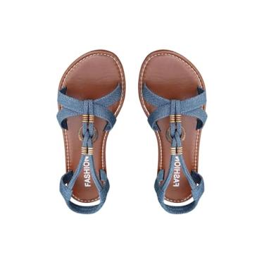 Imagem de GORGLITTER Sandália jeans feminina boho romana tiras tiras elásticas tira no tornozelo sapatos jeans praia férias verão sapatilha, Azul, 38