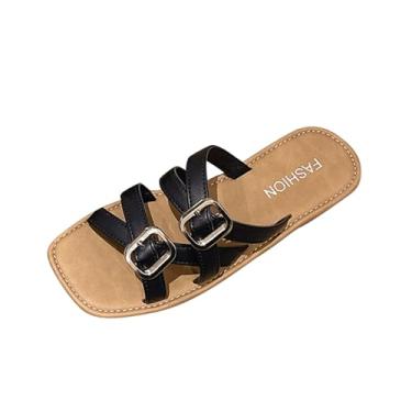 Imagem de Sandálias femininas casuais de verão com tira de dedo para usar na praia, design de cabeça redonda, calçado, uso interno e externo, Preto, 36