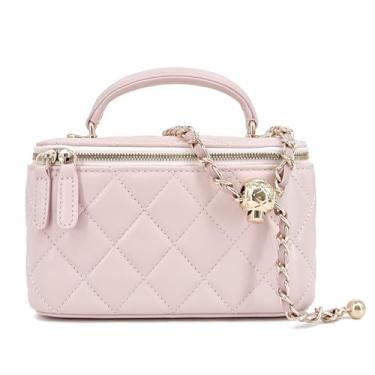 Imagem de M-ioi-M Pequena bolsa de couro genuíno acolchoada para mulheres, mini bolsa de ombro com alça superior com alça de corrente dourada, Sakura rosa (alça destacável), Small, Clássica, luxuosa, elegante