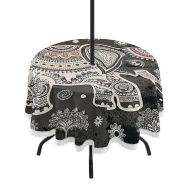 Imagem de Qilmy Toalha de mesa redonda impermeável com estampa de elefante de 152 cm com orifício para guarda-chuva e zíper – uso externo / interno resistente para pátio, churrascos, piqueniques, festas (serve