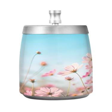 Imagem de Qilmy Beautiful Cosmos Flowers Cinzeiro de aço inoxidável com tampa - Cinzeiro de cigarro à prova de vento sem cheiro sem fumaça para casa, escritório, carro, pátio, varanda (uso interno e externo)