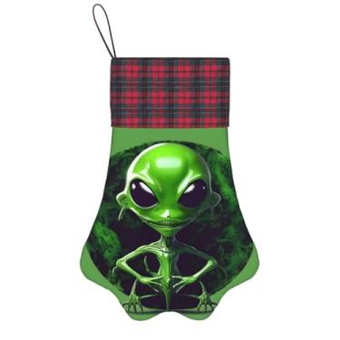 Imagem de SKKNT Meias de Natal com estampa de alienígena verde, animais de estimação, decoração de Natal, cães, gatos, árvores, doces, presente, conveniente
