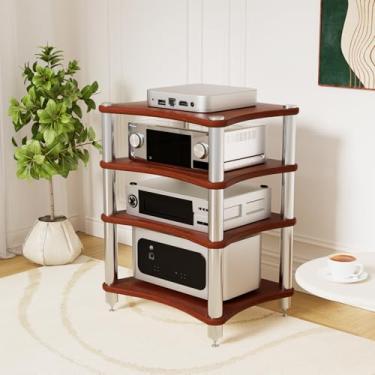 Imagem de SHZYJBRY Suporte de mídia AV de 4 camadas, prateleiras e suportes estéreo, gabinete de componente de vídeo, torre de áudio para DVD Player, console de jogos, caixa de TV, roteador WiFi (madeira