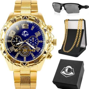 Imagem de Kit Masculino Relógio Analógico Casual com Cordão Aço Inox e Óculos de