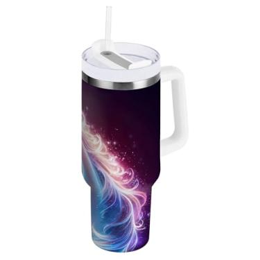 Imagem de Copo isolado roxo unicórnio grande com tampa e canudo, copo isolado de aço