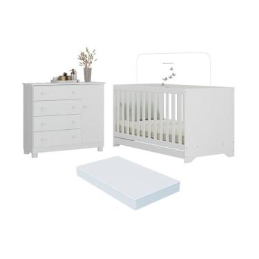 Imagem de Berço Americano 3 Em 1 Com Colchão Incluso E Cômoda 1 Porta 4 Gavetas Allegra Multimóveis MP4696 Branco