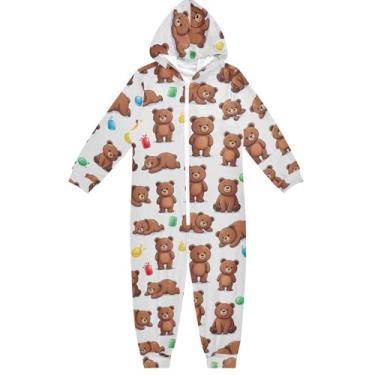 Imagem de Lindo macacão com desenho animado de ursos marrons para crianças, moletom com capuz, macacão de peça única, roupas de casa meninos e meninas 5-6 anos, Ursos marrons fofos de desenho animado, 9-11