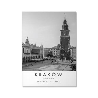 Imagem de Pôster de viagem preto e branco impressão paisagem da cidade do mundo pintura em tela Krakow Wall Art Picture Home Decor (11 x 14 polegadas (28 x 35 cm), sem moldura)