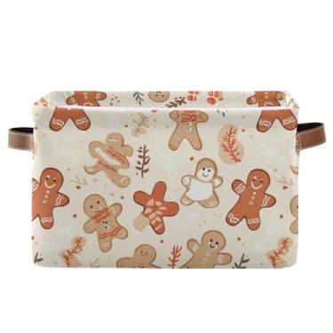 Imagem de Cestas de prateleira dobráveis com alças – Cesta de armazenamento retangular de tecido de 36 cm x 26 cm para prateleiras, escritório em casa, fofo, biscoito de Natal bege, 1 pacote