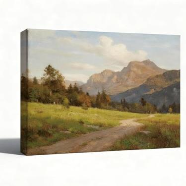 Imagem de Pintura a óleo de paisagem de montanha, pinheiros alpinos e trilha em tela, decoração rústica de cabana, arte de parede natural para quarto, escritório, arte de estilo vintage embrulhada em galeria