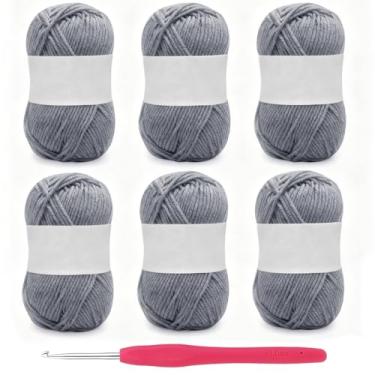 Imagem de Fio de algodão leiteiro de 5 camadas, 6 rolos de novelos de fio de algodão de leite macio com ganchos de crochê para boneca, suéter, chapéus, cachecol (cinza)