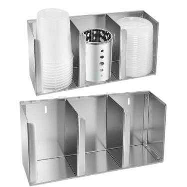 Imagem de Conjunto organizador de copo e tampa de aço inoxidável, suporte de copo de 3 compartimentos e dispensador de copos com divisórias ajustáveis, organizador de copos para armários de cozinha, café, loja