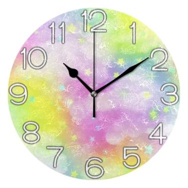 Imagem de Relógio de parede analógico decorativo relógio de cozinha rústico redondo sem tique-taque silencioso, arte de parede boho decoração de casa pastel arco-íris gradiente estrelas, 25 cm, ponteiros pretos
