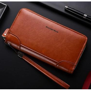 Imagem de Carteira feminina de couro genuíno com dobra dupla/tripla - Suporte minimalista para cartão de crédito com bloqueio de RFID e bolso para moedas, Marrom, Casual