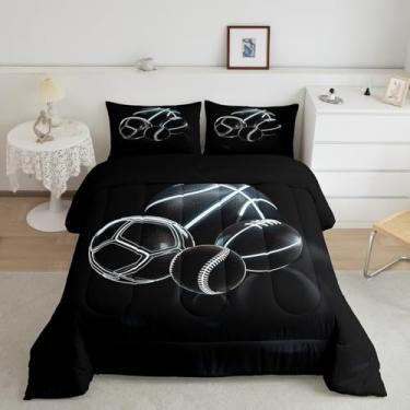 Imagem de Feelyou Conjunto de edredom com bola mista, Queen, para meninos, meninas, adolescentes, esportes, rúgbi, jogo de bola, decoração de quarto, terra preta