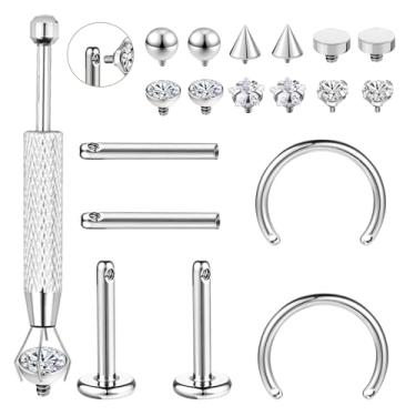Imagem de ZS Conjunto de piercing de orelha de titânio hipoalergênico G23 16G - brincos de 6 mm roscados internamente e argolas de ferradura de 8 mm com zircônia cúbica para cartilagem, tragus, hélice, concha