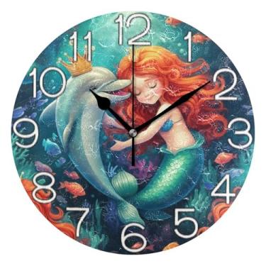 Imagem de GAIGEO Relógio de parede bonito sereia mar golfinho azul analógico decorativo relógio de cozinha bonito funky alimentado por bateria, arte de parede boho decoração de casa, 25 cm, ponteiros pretos