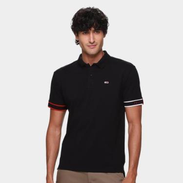 Imagem de Camisa Polo Tommy Jeans Flag Cuff Masculina, Preto, P