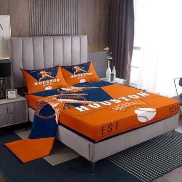 Imagem de Feelyou Jogo de lençol casal de beisebol, para crianças, meninos, meninas, Houston, com bolsos profundos de 40 cm, jogo esportivo com 2 fronhas