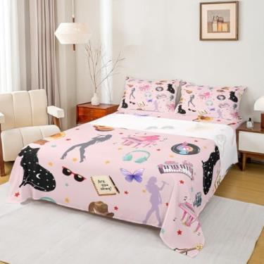 Imagem de Erosebridal Jogo de lençol solteiro, moderno, com tema de música, bola de discoteca, piano, borboleta, gato, animais, lençol de cima, lençol com elástico, decoração de estilo moderno