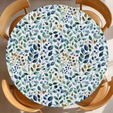 Imagem de KiuLoam Toalha de mesa redonda com folhas de aquarela, capa de mesa de fazenda com borda elástica, lavável e ajustada para decoração ao ar livre, serve para 101,6 a 112 cm, pequena