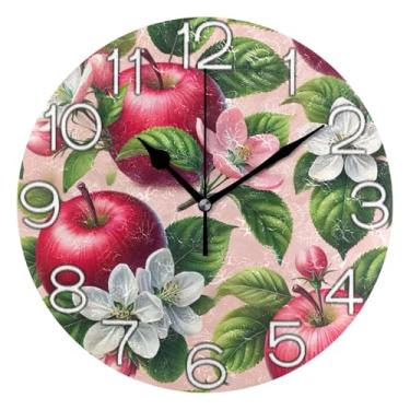 Imagem de GAIGEO Relógio de parede analógico decorativo redondo sem tique-taque silencioso relógio de cozinha rústico, decoração de sala de estar, arte moderna, floral maçã vermelha colorida, 25 cm, ponteiros