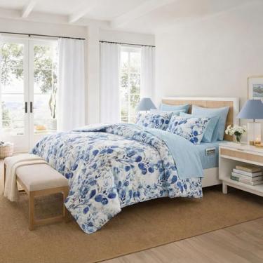 Imagem de Regency Heights Conjunto de edredom leve Seersucker botânico, tamanho casal, design reversível, cama em uma bolsa, conjunto de cama de microfibra premium, azul