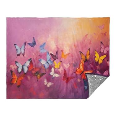 Imagem de CEBUGI Cobertor de flanela quente macio 127 x 178 cm para sofá, cama, escritório, acampamento, viagem, borboletas coloridas em fundo roxo para todas as estações