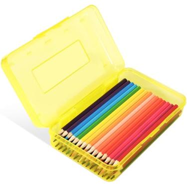 Imagem de DANRONG Caixa de lápis de plástico colorido, estojo de grande capacidade, caixas de lápis para crianças e adultos, caixa de armazenamento rígida de giz de cera com tampa de encaixe para materiais escolares de escritório (amarelo)