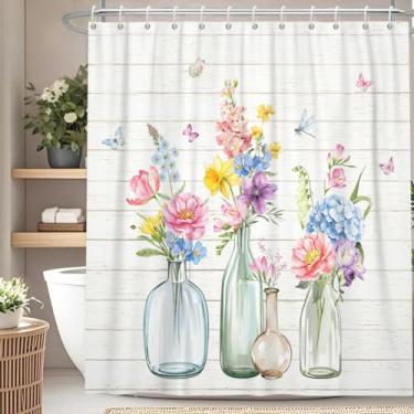 Imagem de OFILA Cortinas de chuveiro com flores em aquarela para banheiro com textura de madeira rústica conjunto de cortina de chuveiro pastoral de primavera 183 x 183 cm cortinas de banheiro à prova d'água