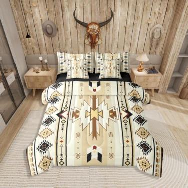 Imagem de Jogo de cama rústico asteca ocidental de 7 peças, tamanho casal, cama de diamante geométrico em uma bolsa, conjunto de cama preto amarelo inclui edredom, conjunto de lençol, fronhas e fronhas