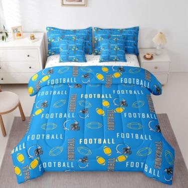 Imagem de jejeloiu Jogo de edredom infantil de futebol americano com lençol solteiro Los Angeles, amarelo e azul, para decoração de quarto de meninos e meninas e adolescentes, 7 peças, respirável, macio