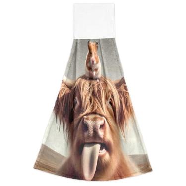 Imagem de Joisal Toalhas de mão de primavera com laço para pendurar, lindas toalhas de gravata de vaca Highland Hamster, conjunto de 2, decorações de cozinha fofas e absorventes macias, 46 x 35 cm