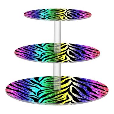 Imagem de Suporte de cupcake de 3 camadas para festa, arco-íris, com glitter, estampa de zebra, copo de acrílico, torre de bolo, suporte de bolo de servir de casamento para festa, bandeja de sobremesa, pastel