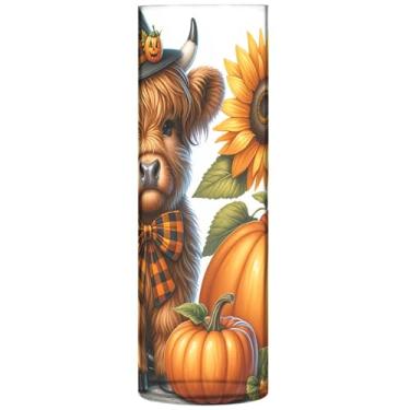 Imagem de Vasos cilíndricos de abóbora de vaca Highland de Halloween para decoração de casa, vaso redondo de plástico, fofo, personalizado, exclusivo, floral, decoração estética, 30 cm x 9,9 cm