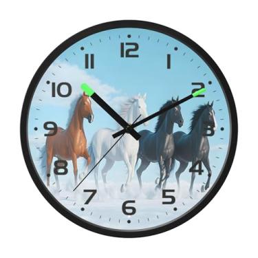 Imagem de SEHANY Relógio de parede artístico majestoso cavalos silencioso, sem tique-taque, relógio redondo operado por bateria, controle de som, luz noturna, relógios de parede para sala de estar, cozinha
