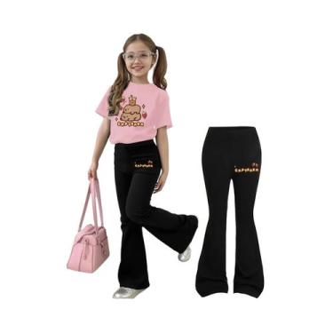 Imagem de Camiseta Rosa Com Gola Redonda E Calças Boca De Sino Pretas Para Menin