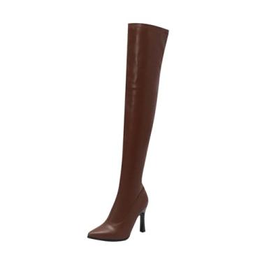Imagem de Botas femininas de cano alto com bico fino e meio zíper para outono e inverno moda acima do joelho botas altas, Marrom, 34